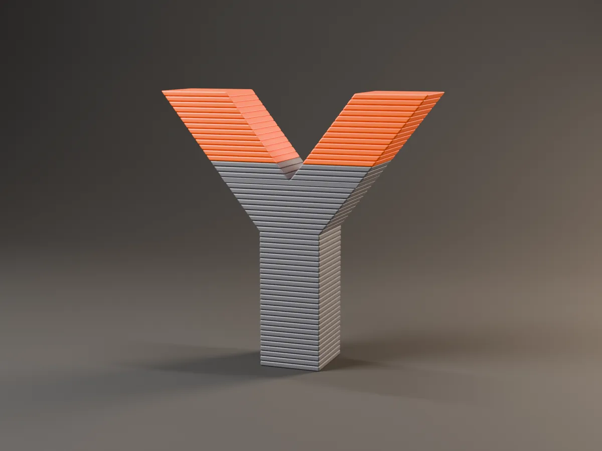 Das yuencraft-Y als gedrucktes Modell: Druckschichten in Grau, oben in Orange